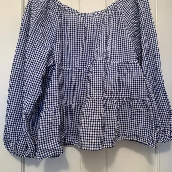Gingham Check Tiered Peasant Blouse in Navy and White - Picture 3 of 6